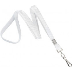 Cordón para gafete, color blanco, de 1 cm de ancho, de tejido trenzado plano, gancho metálico giratorio de acero plateado níquel